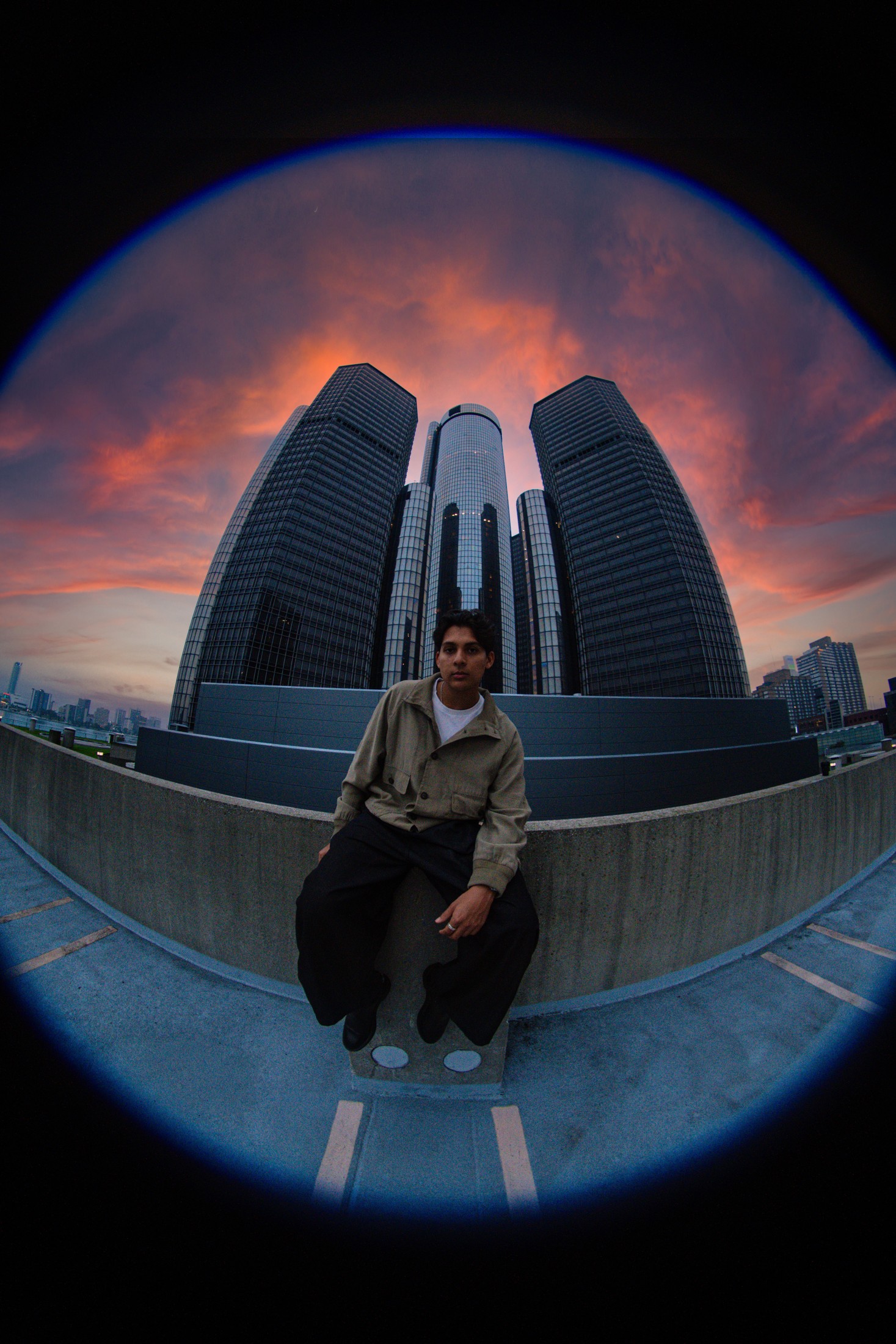 Fisheye portrait of LUV DISK in downtown Detroit at sunset