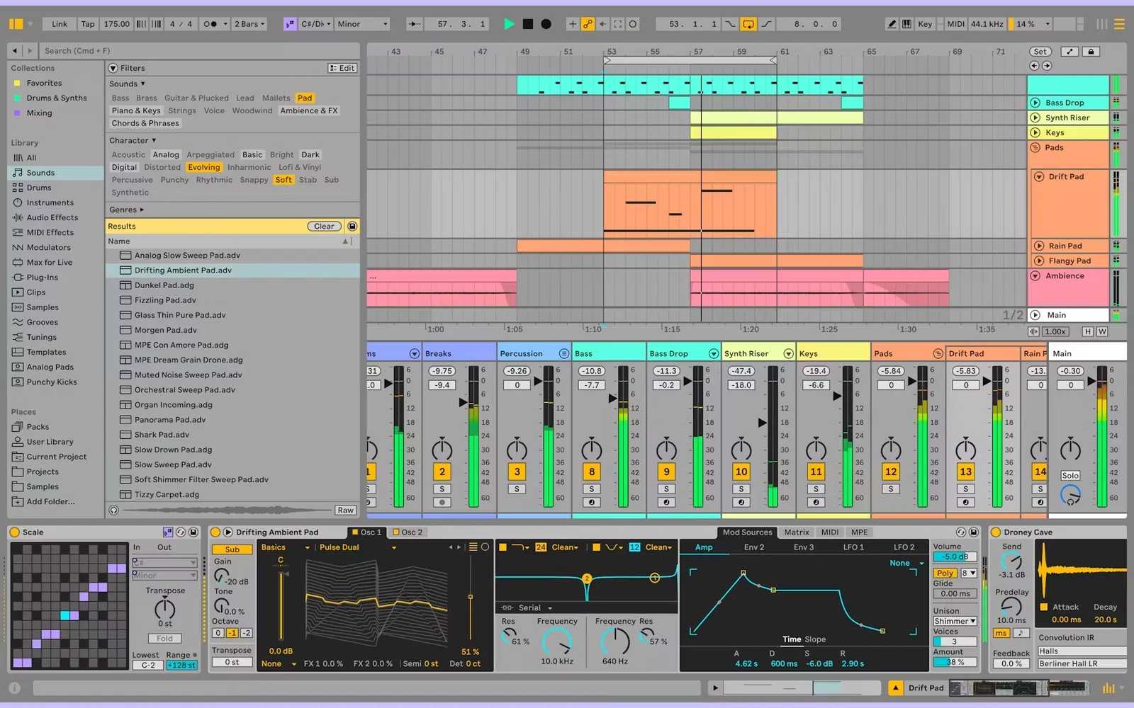 Ableton Live showing an arrangement, mixer, and sound design tools