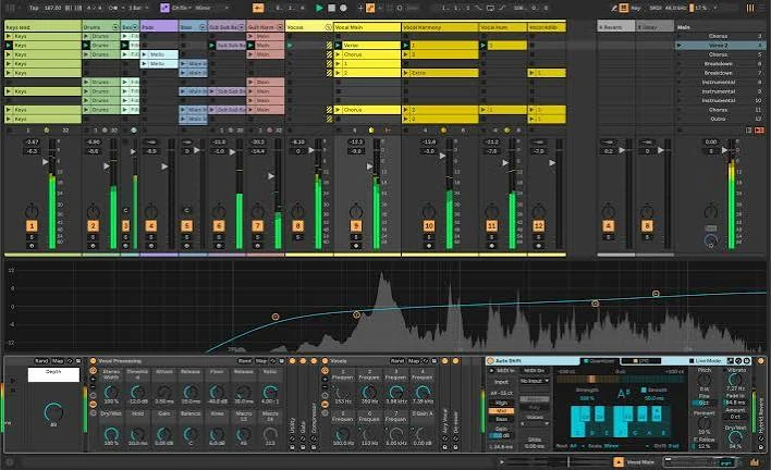 Ableton Live session with audio tracks, mixing channels, and effects
